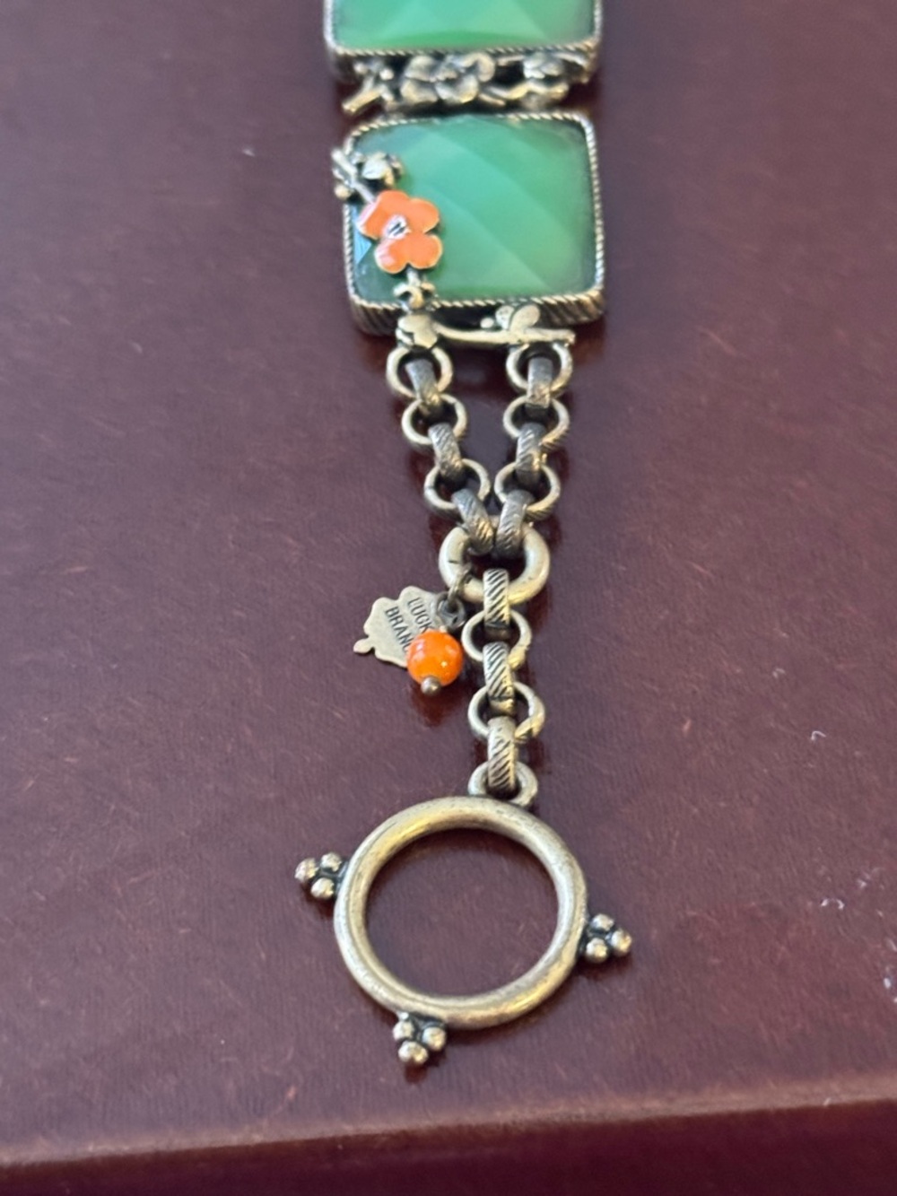 Vintage Lucky Brand Green Faceted Stone & Orange Flower Gold Tone Bracelet - Picture 7 of 11